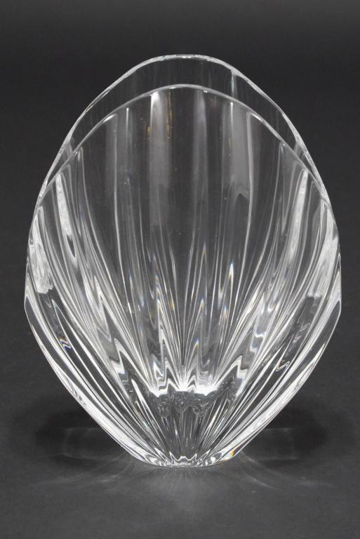 Baccarat Crystal Atantide Vase by Robert Rigot: Stylized shell form. Engraved "Baccarat RRigot" to side; acid etched Baccarat mark to bottom. Excellent condition. 7" H x 5.5" W x 3" D approx.