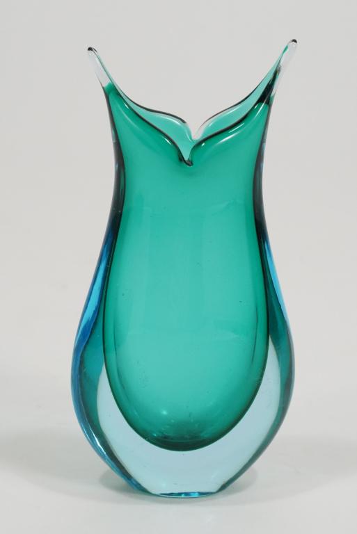 Murano / Scandinavian Modern Art Glass Vase: Hand blown vase in slightly blue tinted glass over green interior. Unmarked. 7.25" H.