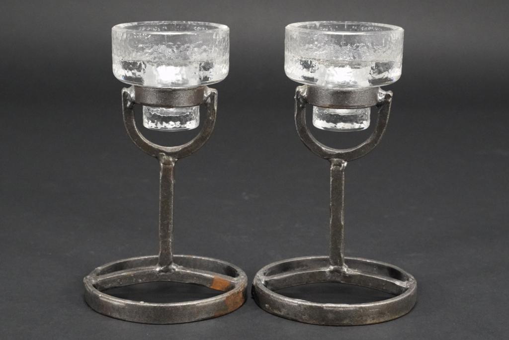 Erik Hoglund Candle Holders for Boda Nova: Matched pair with wrought iron bases and removable glass inserts. Excellent condition. 6 1/8" H x 3 5/8" dia. bases.