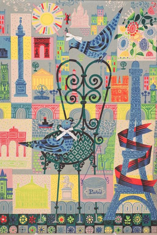 Mid Century Alain Cornic Framed Fabric Panel: Fabric panel with abstract Paris landmark and bistro chair design motif. Bows to pigeons. Alaian Cornic printed signature lower rignt corner. Custom silver gilt wood frame. Excellent condition. Frame