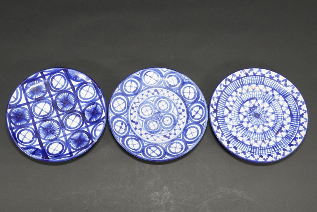 Robert Picault France Pottery Plates: Group of 3 plates. All signed RP France. Good condition with age wear, glaze craqueler, a few small minor glaze flakes at rims, etc. No apparent chips or cracks. 10 3/8" dia. approx.