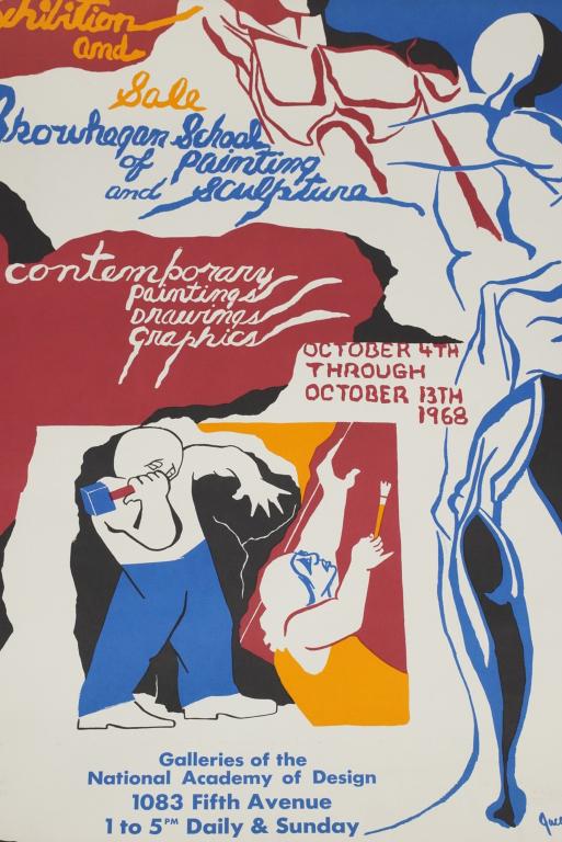 Jacob Lawrence Skowhegan School Sale Poster: "Exhibition and Sale Skowhegan School of Painting and Sculpture". Lithograph poster issued for Galleries of the National Academy of Design, 1083 Fifth Avenue. Printed signature and 68 date lower right