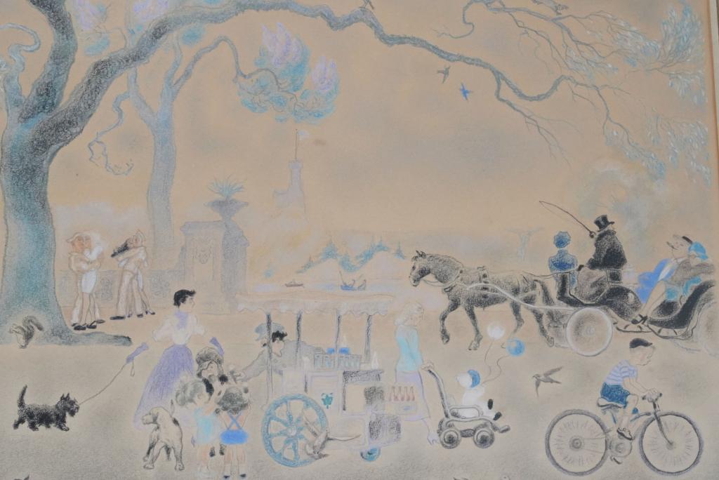 Ellison Hoover (1888-1955) Original Drawing: The Mall, Central Park". Crayon/ pastel, colored pencil, and pencil on heavyweight paper. Pencil titled lower left in margin; pen signed lower right in image. Pencil titled with 25 in circle notation