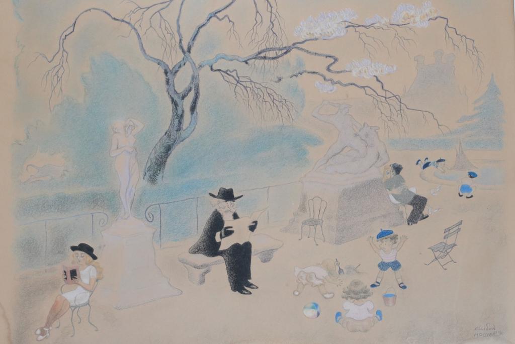 Ellison Hoover (1888-1955) Original Drawing: Tuileries". Crayon/ pastel, colored pencil, and pencil on heavyweight paper. Pencil signed and titled lower right. Pencil titled and 26 in circle notation to the reverse. Water markings along lower le