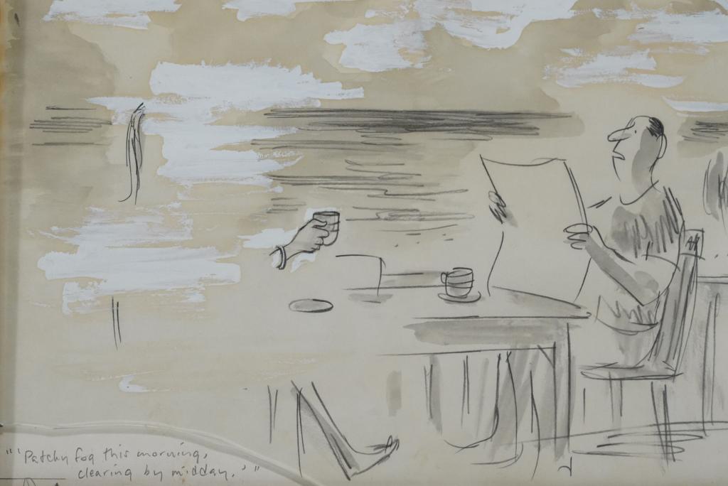 James Stevenson Original New Yorker Cartoon: "Patchy Fog, Clearing by Midday". 1973 mixed media on paper original cartoon drawing for the New Yorker. Depicts a man and woman seated at an outside table having coffee; he reading a newspaper weathe