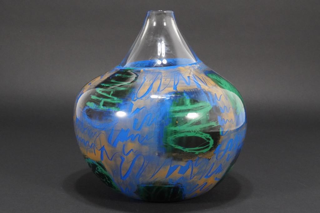 Large Studio Art Glass Vase: "One Chance World". Hand blown art glass vase with ONE, CHANCE, and WORLD in three panels. No apparent signature or maker's mark. Excellent condition. 11" H x 10" dia. approx.