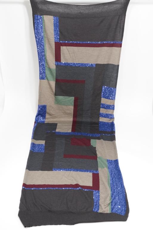 DKNY Donna Karan Sequin & Merino Wool Scarf: Color block merino wool with sewn blue sequins. Original DKNY Donna Karen New York tag. Excellent condition. 32" x 80" approx.