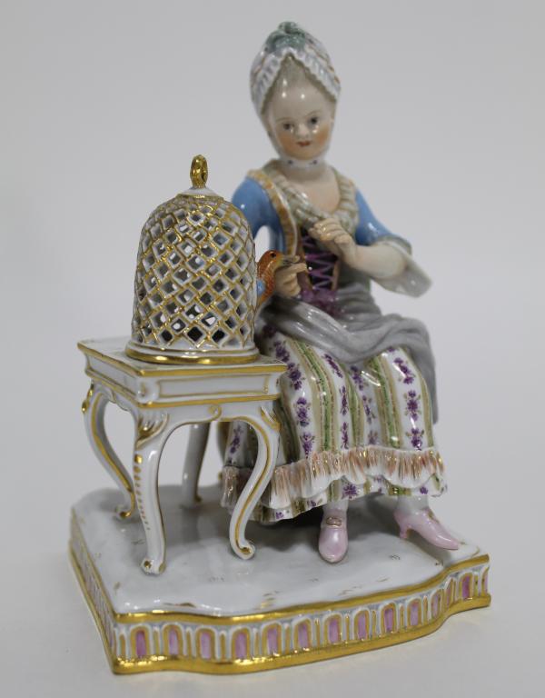 Meissen Porcelain Touch Figurine: "Touch", by Johann Carl Schonheit, from the Five Senses series. Underglaze crossed sword mark in blue, overglaze hand written 45 in gold, stamped 72, incised E. 4. to bottom. Excellent condition with 