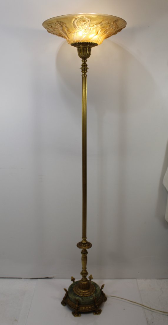 1920s French Gilt Bronze & Glass Torchiere Floor Lamp: Gilt bronze metal work with green onyx inset at base. Lalique style heavy cast glass shade with raised Art Nouveau female nude dancing figures. Three bulb center socket. No apparent maker's marks to s