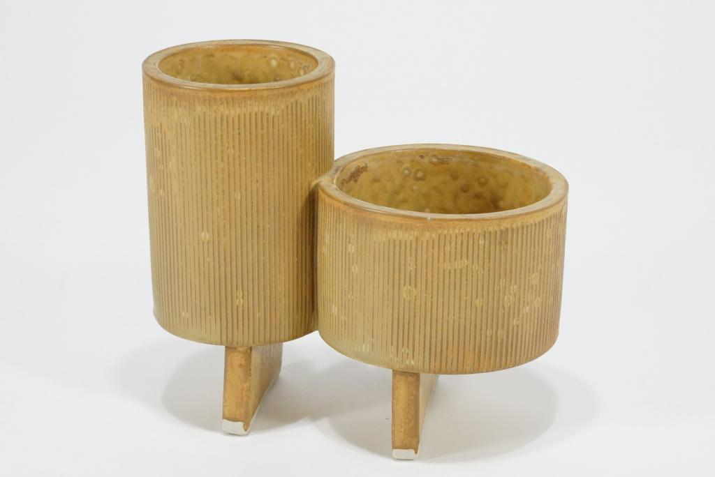 Mid Century Yamasan Japan Ikebana Vase: Double vase on tall feet. Original red and gold foil label. Excellent condition. 7" H x 8" W. 3.5" and 4.5" diameters.
