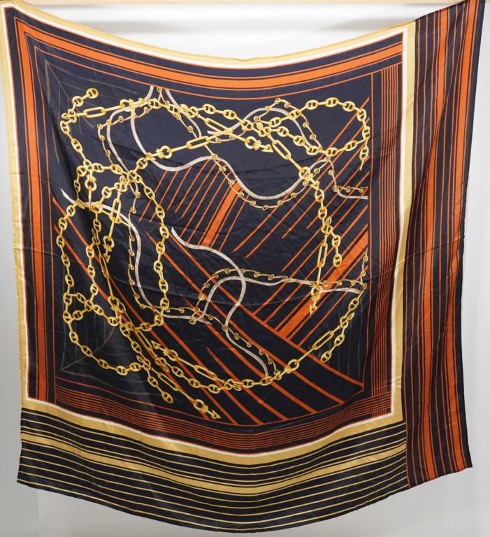 Gottex Silk Scarf: Mod 70's style gold chain and stripe design. Original Made in Italy label. Excellent condition. 56" x 56" approx.