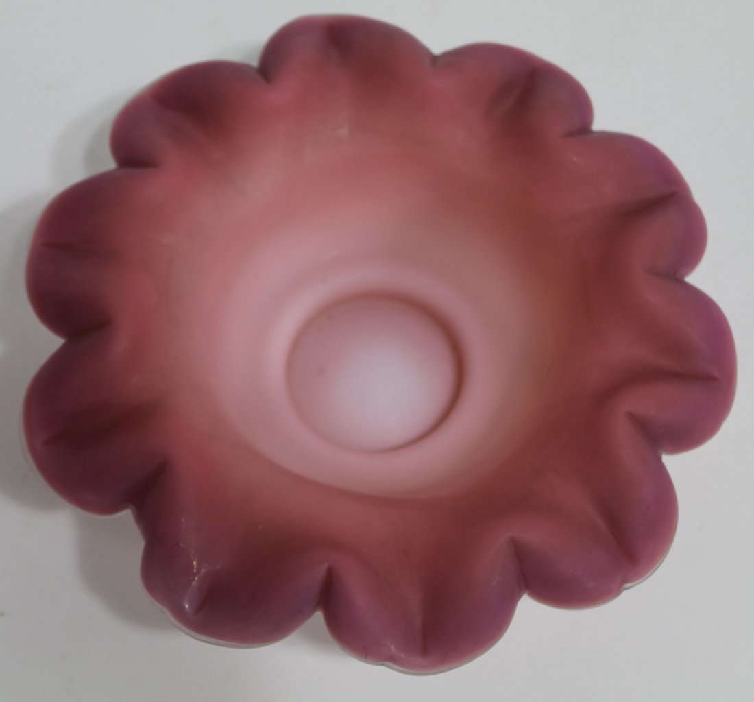 Antique Webb Style Burmese Satin Glass Bowl: Hand blown bowl with pinched petal form rim, possibly by Webb. Excellent condition; surface dirt, etc. 2.75" H x 8" dia.