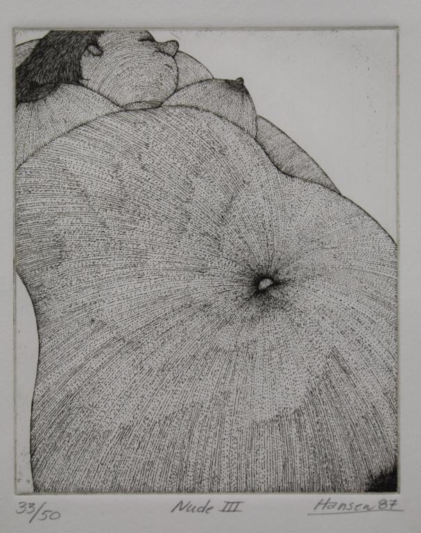 Art Hansen (1929-2017) Female Nude Etching: "Nude III", 1987. Pencil numbered 35/ 50, titled, signed Hanson, and dated '87 below image. Appears excellent condition; not examined out of frame. Hansen’s work is included in many collections incl