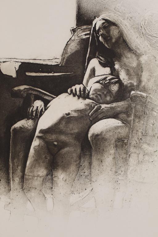 Artist Signed Embossed Print of Mother and Child: Depicting a nude mother and child in rocking chair with "ghost" image of another young boy to the right. Pencil numbered 8/ 50 lower left and signed lower right. Circa 1970's. Unframed. Paper 16.5" x