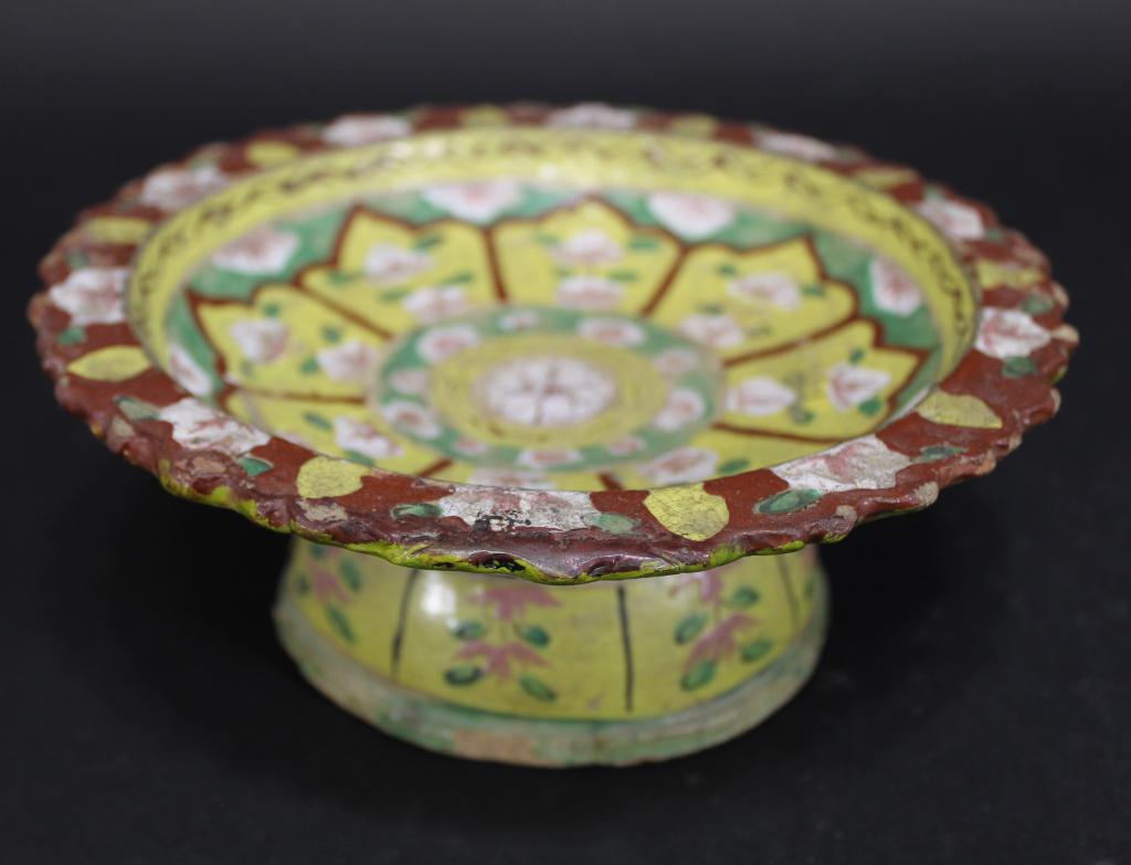 Antique Thai Pottery 3-Color Offering Bowl: Hand decorated floral design glaze. Excellent aged condition with no cracks or apparent repairs; a few minor glaze flake chips along base. Circa late 19th/ early 20th C. #' Hx 7 3/8" dia. approx.