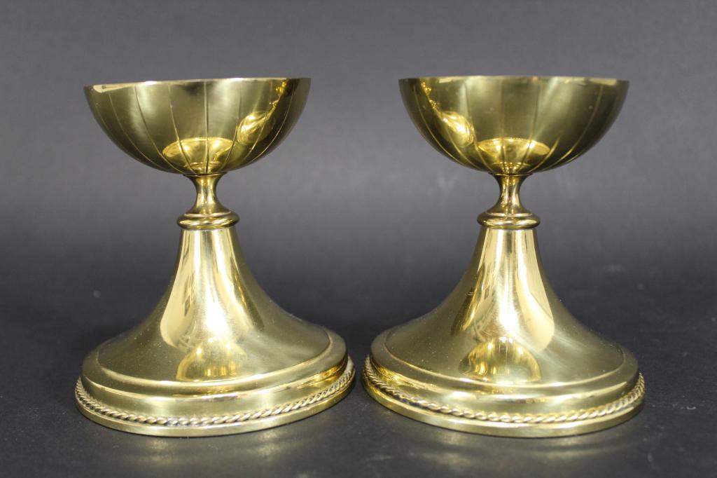 Gunnar Ander Candlesticks for Ystad Metall Sweden: Stamped marks to both. Excellent condition. 4" H x 3.75" base dia.