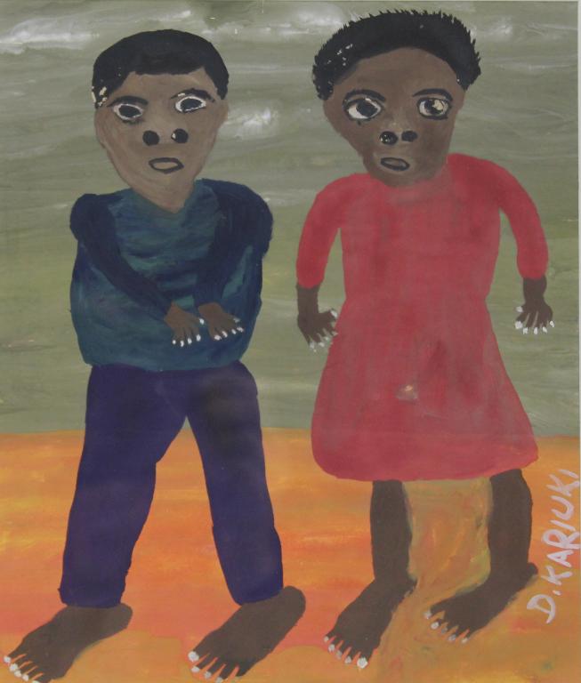 Daniel Kariuki (Kenya) Outsider Folk Art Painting: "Short Hands Boy". Gouache on paper. Signed lower right side. Gallery Watatu, Nairobi, Kenya, label to the reverse. Custom frame and mat by Artform, Seattle. Mat opening 9.5" x 8.25". Frame 14.25" x 1