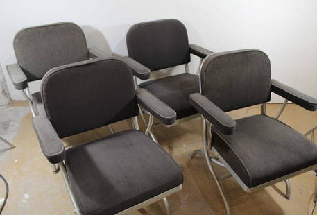 Warren MacArthur Folding Chairs: Set of 4 Warren MacArthur aluminum frame folding armchairs (all smoothly working). Original fabric with wear. Frames with signs of use, surface dirt, etc. All glides present. Original Mayfair Industri