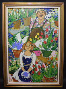 Claudette Castonguay (b 1949) Acrylic on Canvas: "In Visite Chez Imilio", 1995. Signed and dated '95 lower right. Custom gilded wood frame with linen fillet by Lake City Picture Framing, Inc. Castonguay was born in Quebec, Canada. Canvas 36" x 24".