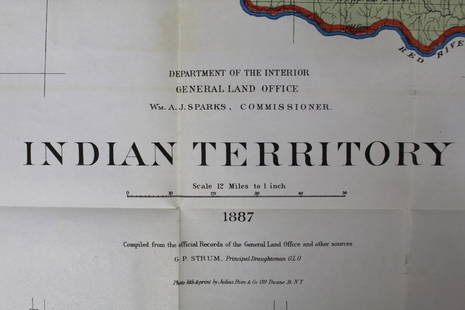 Department of Interior Indian Territory 1887 Map: Showing the different Native American tribal territories of what is now Oklahoma. Hand colored borders and rivers. "To accompany George Catlin's Indian Gallery, by Thomas Donaldson" left bottom margin