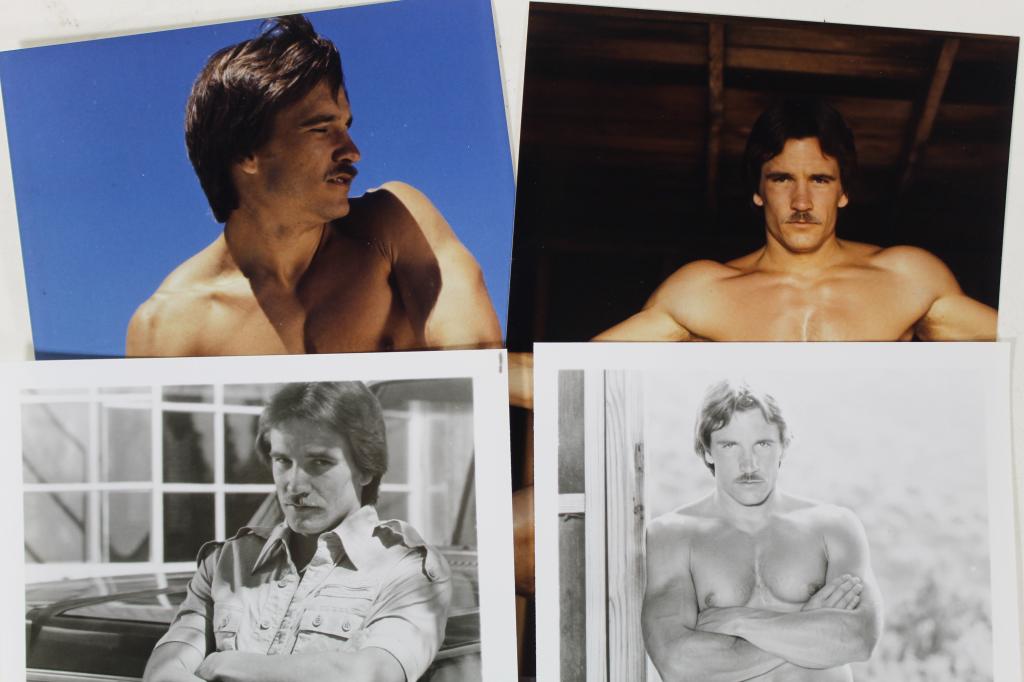 Vintage Colt Studios Nude Male Photographs: Group of 4 vintage Colt Studios photographs of model Pat Sutton. Includes two B&W (with borders) and two color (without borders) photographs. Excellent clear sharp images on gloss and semi-gloss paper