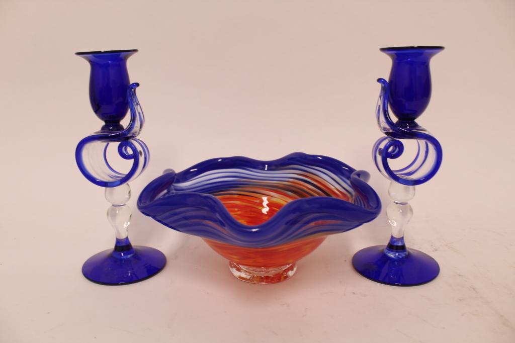 Murano Style Art Glass Bowl & Candlesticks (1 of 5)