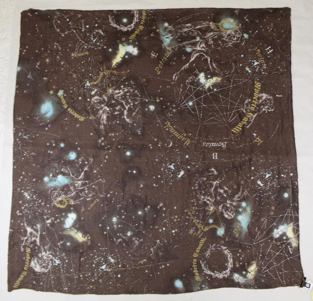 Roberto Cavalli Silk Zodiac Constellation Scarf: Brown sheer silk with baroque style zodiac symbols. Edges trimmed with metallic gold beads. Original store hang tags and Made in Italy labels. Appears in excellent condition with no apparent holes, pu