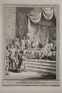 Charles Nicolas Cochin 1760 Etching: "Audiance du Samorin (Gehoorgeeving van den Samoryn)". Etched by Jacob van der Schley after Charles Nicolas Cochin. Published in Amsterdam, circa 1760. Good condition with normal age toning, etc. Part