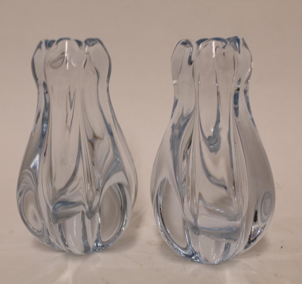 Vicke Lindstrand STELLA POLARIS Orrefors Vases: Pair handblown heavy pale ice blue glass Stella Polaris vases, designed 1960's. Etched Orrefors, initials, and 2257/ 2 to the bottoms. Very good condition; no chips or cracks. Both 6 5/8" H approx.