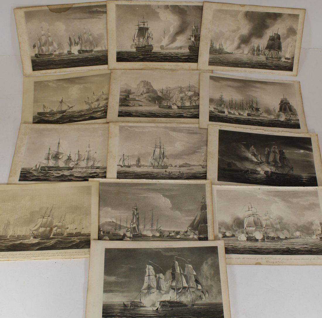 1807-1809 Etchings British Ships Thomas Whitcombe: Group of 13 bookplate etched illustrations of British warships. Twelve from paintings by Thomas Whitcombe and one from Sir / Captain John Beresford. All with captions naming ships, battles, dates, etc