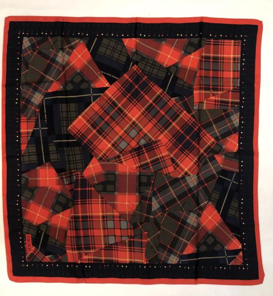 Escada Silk Scarf: Plaid patchwork design. Rolled and stitched edges (small undone section to upper right corner area). Very good condition; tiny pin hole lower left corner. 33.5" x 34.5" approx.