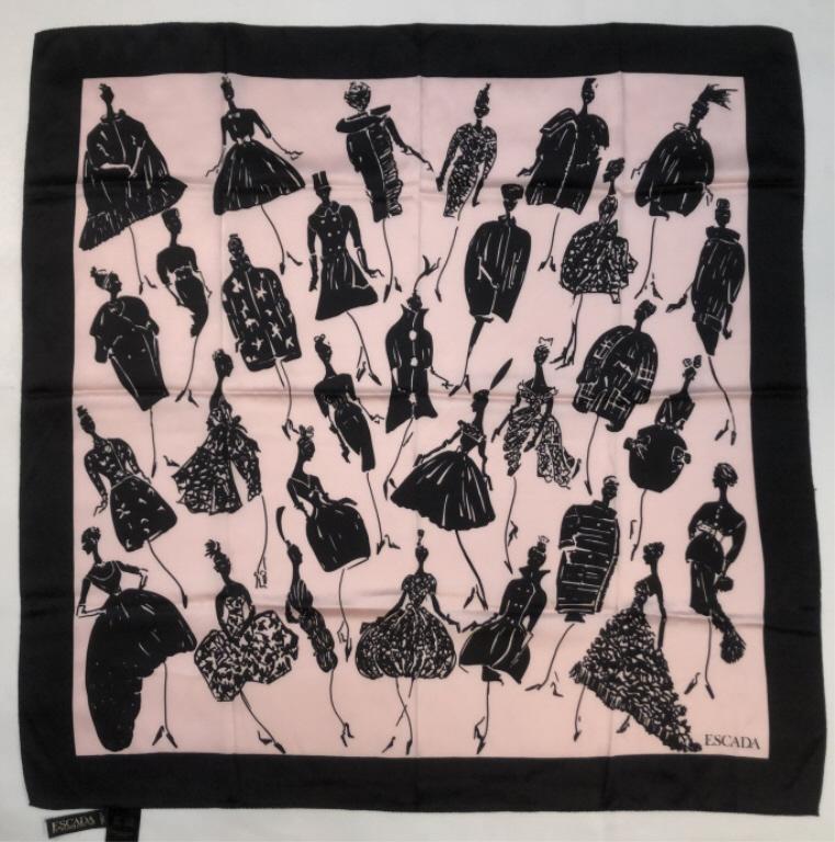 Escada Margaretha Ley Silk Scarf: Fashion sketch design in pink and black. Original Made in Italy labels. Hand rolled and stitched edges. Very good condition with no apparent spots or pulls (tiny pin hole lower right corner. 34" x 34"