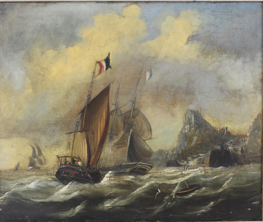 Antique Oil on Canvas Seascape with French Ships (1 of 6)