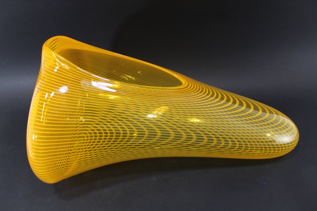 Greg Owen (1967-2020) Glass Vessel Pilchuck Artist: Hand blown vessel from the Paraformeyeaero series in tangerine. Etched signature and 02 date. Excellent condition. Estate of Richard L. Weisman (1940-2018) art collection. 14.25" H x 26.5" L x 15" W a