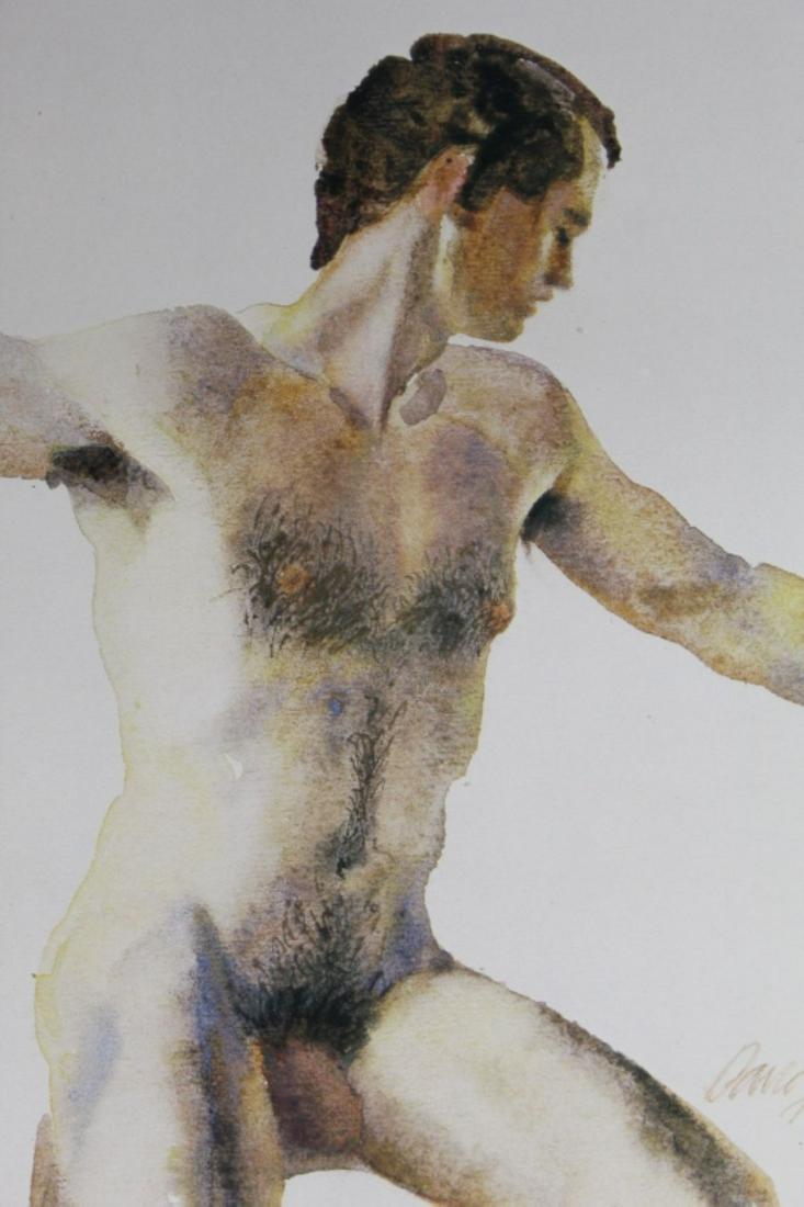 David Hutter Signed & Numbered Male Nude Print: David Hutter (1930-1990, UK). Signed and numbered 40/ 100 lower right. Printed on heavy poster paper. Very good condition; printed to include "drip" spots in the original artwork. Toning to border mar
