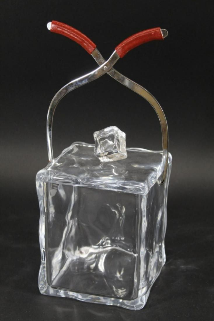 Acrylic Ice Cube / Block Ice Bucket: Clear acrylic "ice block" with ice tong style swing handle. Possibly Dept. 56 Italy. Like new condition. 7.5" H x 6.25" x 6.25". 9.5" H at ice cube knob. 15" H at handle.