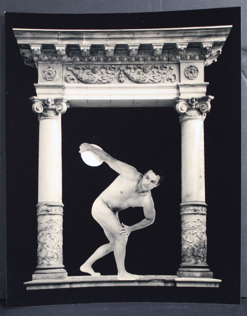 Tim Ray Fisher (FL) Male Nude Art Photographs: Two male nude photographs ( nude man posed in industrial setting and nude bodybuilder/ discus thrower under classical arch) by Florida photographer Tim Ray Fisher. Printed on Fujicolor Crystal Archive