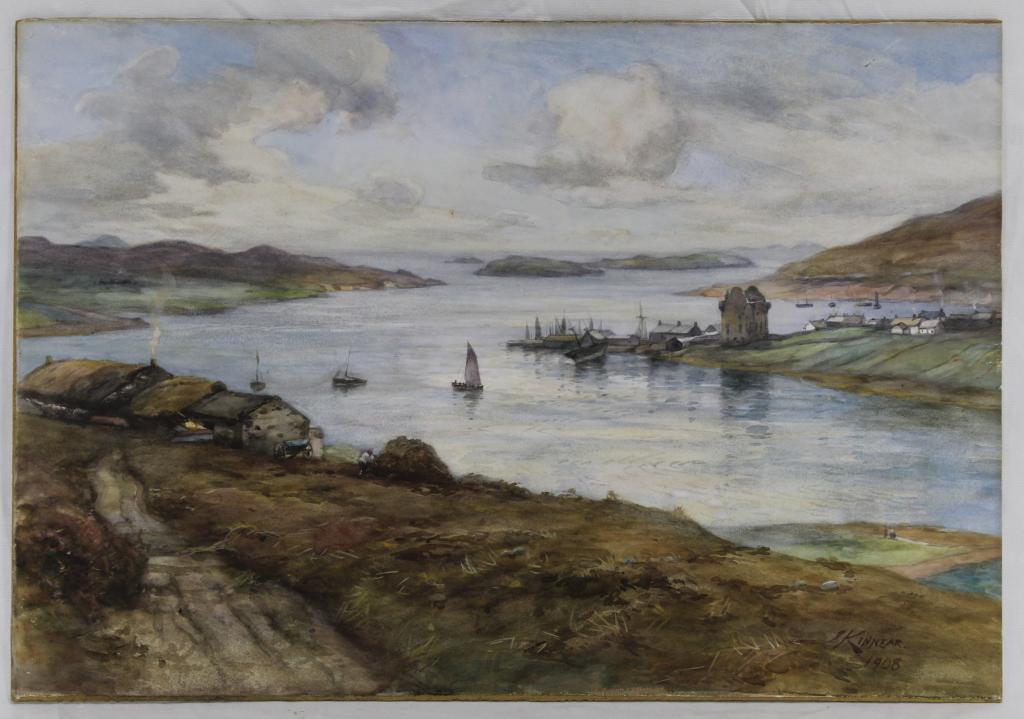 James Scott Kinnear (UK) Scotland Watercolor 1908: View of Scalloway Castle and Bay, Scotland. Watercolor on paper mounted to compressed fiber board. Signed and dated 1908 lower right. Signed and titled to the reverse. Appears in very good condition; 