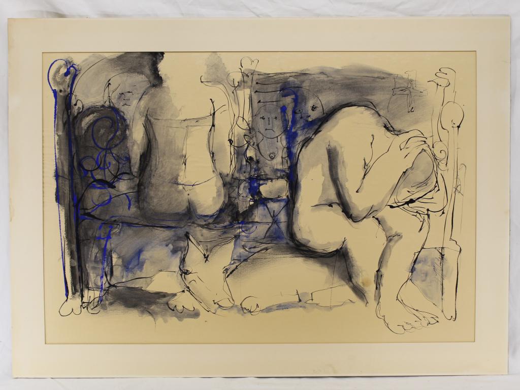 William B. Mulstay Large Original Drawing 1969: Ink / watercolor/ gouache on textured paper. Seated figures on bed (with bone shaped posts) turned away from each other. Signed and dated 69 lower right. Good / fair condition; paper mounted to fiberb