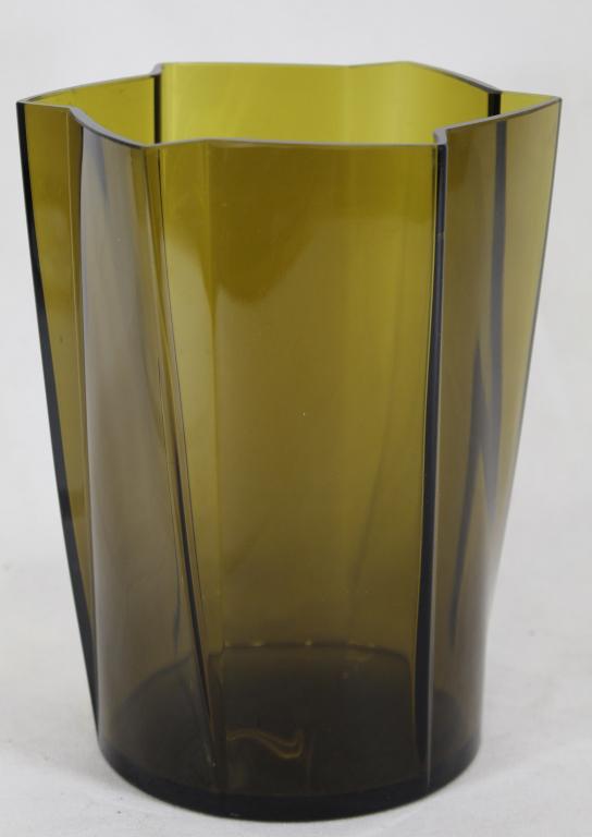 Vintage Modernist / Deco Hand Blown Glass Vase: Hand blown olive green glass. Ground lip. No apparent signature or mark; possibly Scandinavian. Very good condition; tiny shallow flake chip to inside lip, light age wear to bottom, etc. Circa 1930's.