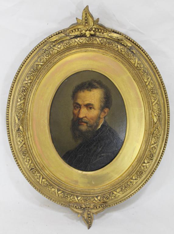 Antique Oil Portrait of Michelangelo: Antique oval portrait of Michelangelo Buonarroti, possibly after portrait by Christian Wilhelm Ernst Dietrich (1712-1774) Script writing on reverse. Panel 8 3/8" x 6 3/4" approx. Frame 17 3/4" (includ