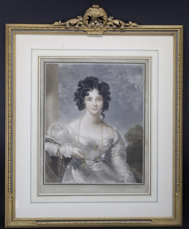 John Cother Webb Mezzotint in French Gilt Frame: 1826 portrait of Rosamund Hester Elizabeth Croker after a painting by Sir Thomas Lawrence (1769 -1830). Appears to be pencil signed by John Cother Webb lower rignt. Printer's mark lower left. Very goo