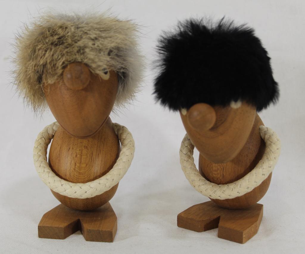 Hans Bolling Optimist & Pessimist Teak Figures: Teak Optimist and Pessimist figures issued by Architectmade. Marked to bottoms. Like new condition. Includes original boxes (some shelf wear) with pamphlets. 5.5" heights approx.