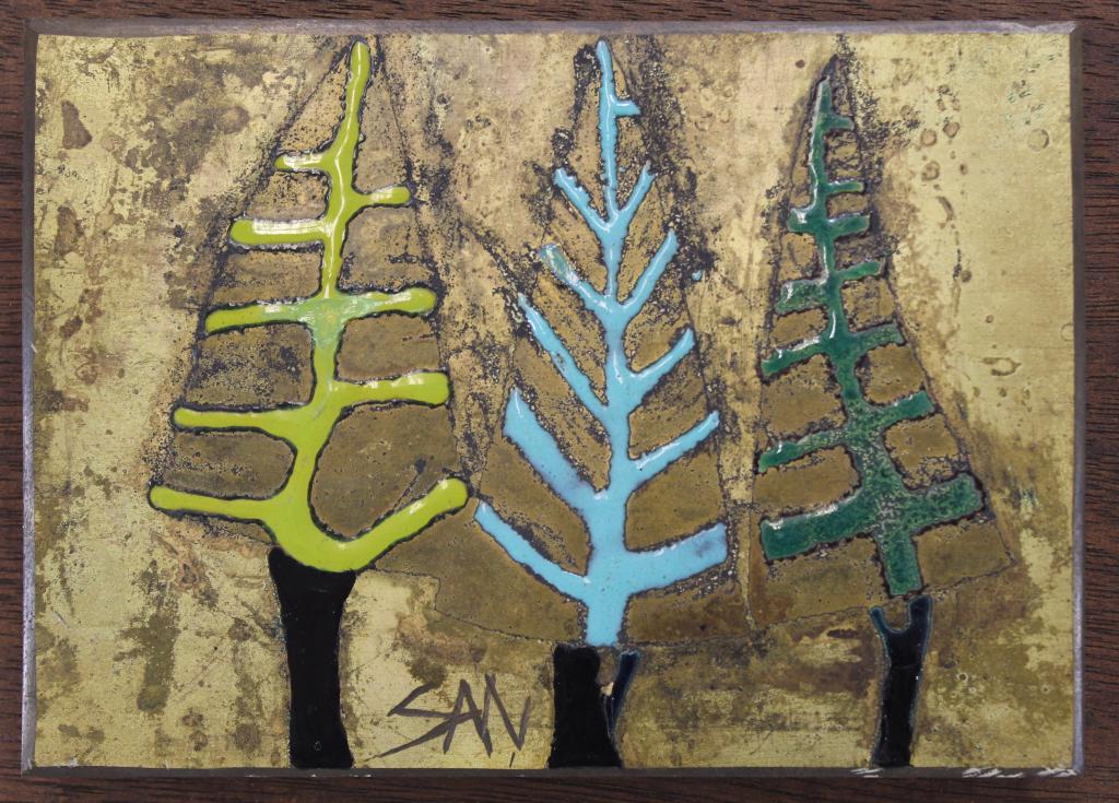 Mid Century Enamel on Brass Art Panel: Heavy gauge brass panel hand engraved with abstract tree designs embellished with enamel. Signed SAN (?) lower center. Mounted to solid mahogany plaque. Excellent condition. Mid 20th C. Panel 5" x 7".