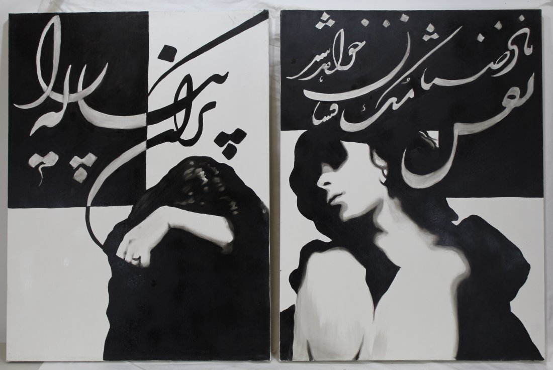 Golsa Yaghoobi (MI) Canvas Diptych Painting: "The Wait of Time". Large two panel diptych in black and white paint on matching sized stretched canvases (slightly different stretcher constructions). Unframed. Provenance: Estate of Richard L. Weism