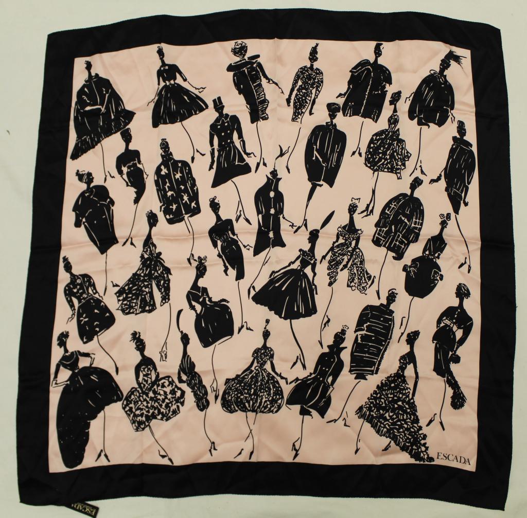 Escada Margaretha Ley Silk Scarf: Fashion sketch design in pink and black. Original Made in Italy labels. Hand rolled and stitched edges. Very good condition with no apparent spots or pulls (tiny pin hole lower right corner. 34" x 34"
