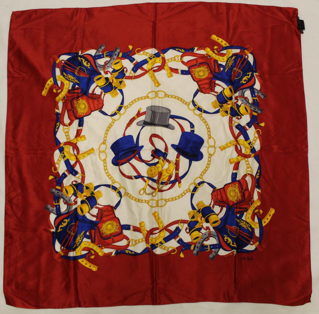 Escada Margaretha Levy Silk Scarf: Horse riding accessories theme including hats. Hand rolled and stitched edges. Original Made in Italy labels. Very good condition with no apparent spots, pulls, holes, etc. 41" x 41" approx.