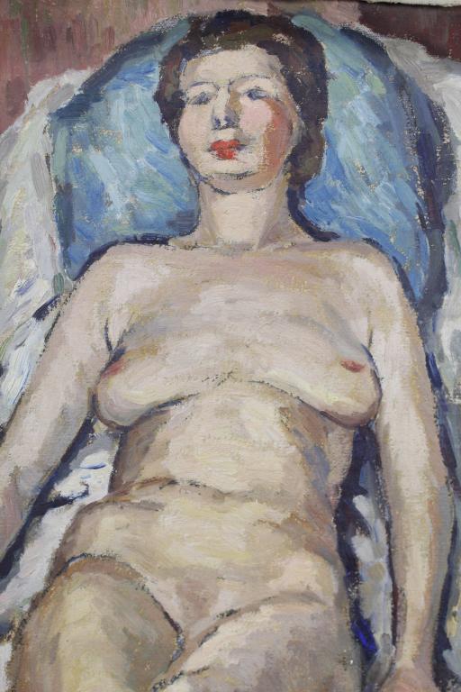 1920's Double Sided Painting / Female Nude: Side #1: Portrait of an seated older woman sewing. Signed and dated 1921 lower right. Reverse (and upside down) side #2: Portrait of a reclining nude woman. No apparent signature. Original wood stretc