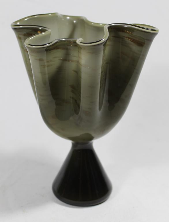 Murano Glass Handkerchief Pedestal Vase: Greenish grey glass with gold aventurine swirls. Black / grey pedestal foot. Excellent condition. Circa mid 20th C. 9" H x 6.25" x 7" approx.