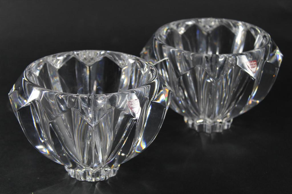 Orrefors Sweden ZODIAC Bowls by Erika Lagerbielke: Matched pair with original labels and hand etched marks to bottoms. Excellent condition. Each 4" H x 6" dia. approx.